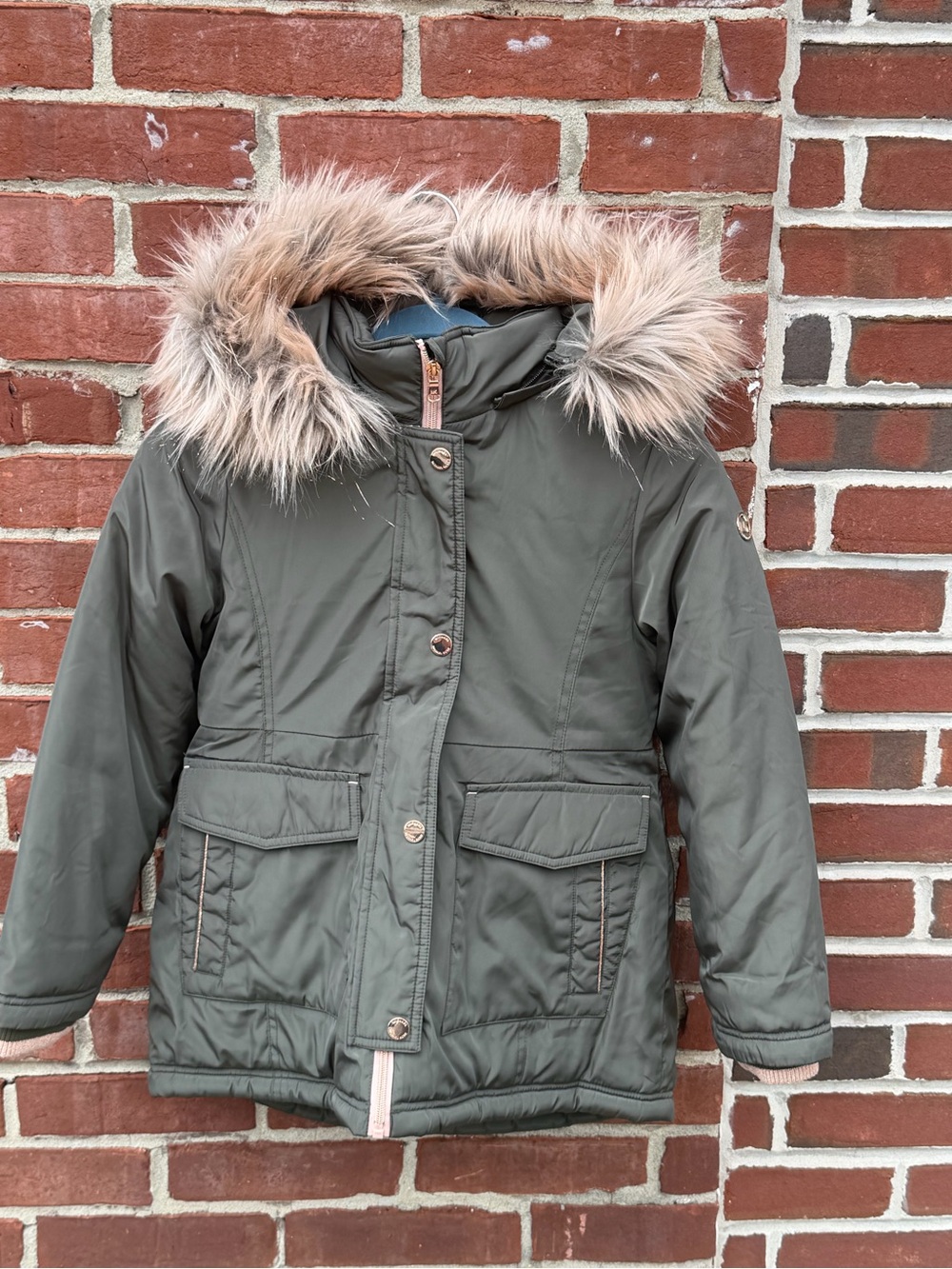 Michael Kors Kids Olive Green Faux-Fur Hooded Winter Coat